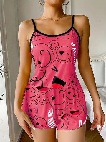 Emoji Print Satin Pajama Set | Cute Cami Top & Shorts Sleepwear for Women