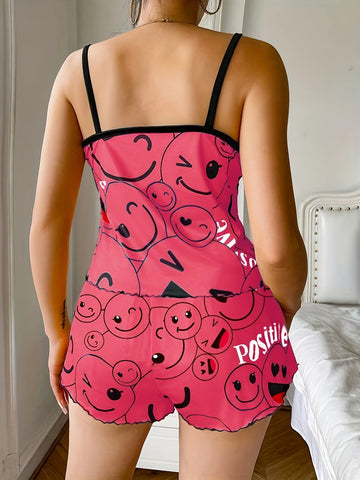 Emoji Print Satin Pajama Set | Cute Cami Top & Shorts Sleepwear for Women