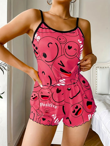 Emoji Print Satin Pajama Set | Cute Cami Top & Shorts Sleepwear for Women