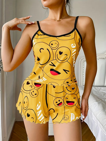Emoji Print Satin Pajama Set | Cute Cami Top & Shorts Sleepwear for Women