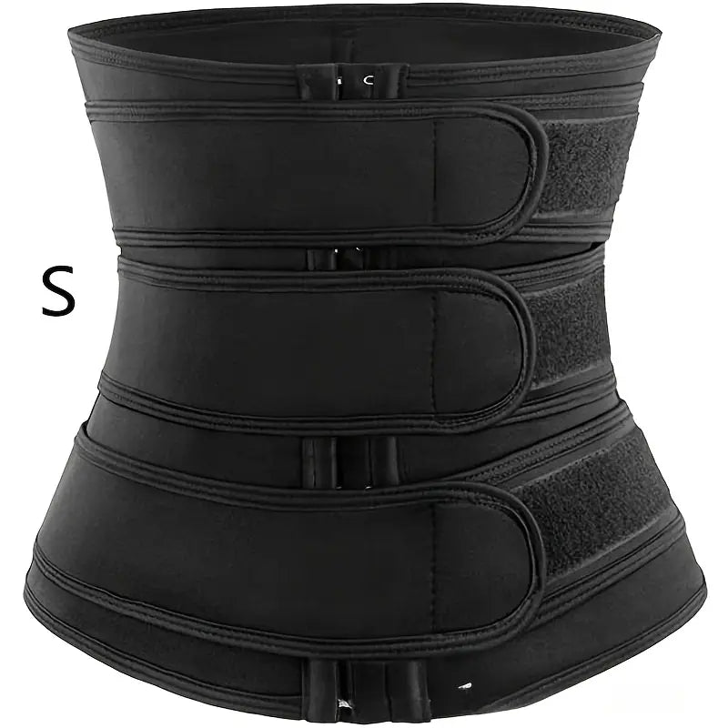 Black adjustable triple-row buckle waist trainer belt for tummy control and slimming with flexible, breathable neoprene. Size S.