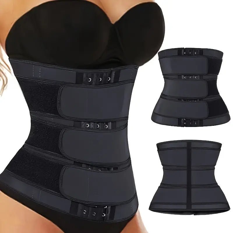 Everyday Comfort waist trainer belt in black featuring adjustable triple-row buckles for optimal tummy control and flexibility.