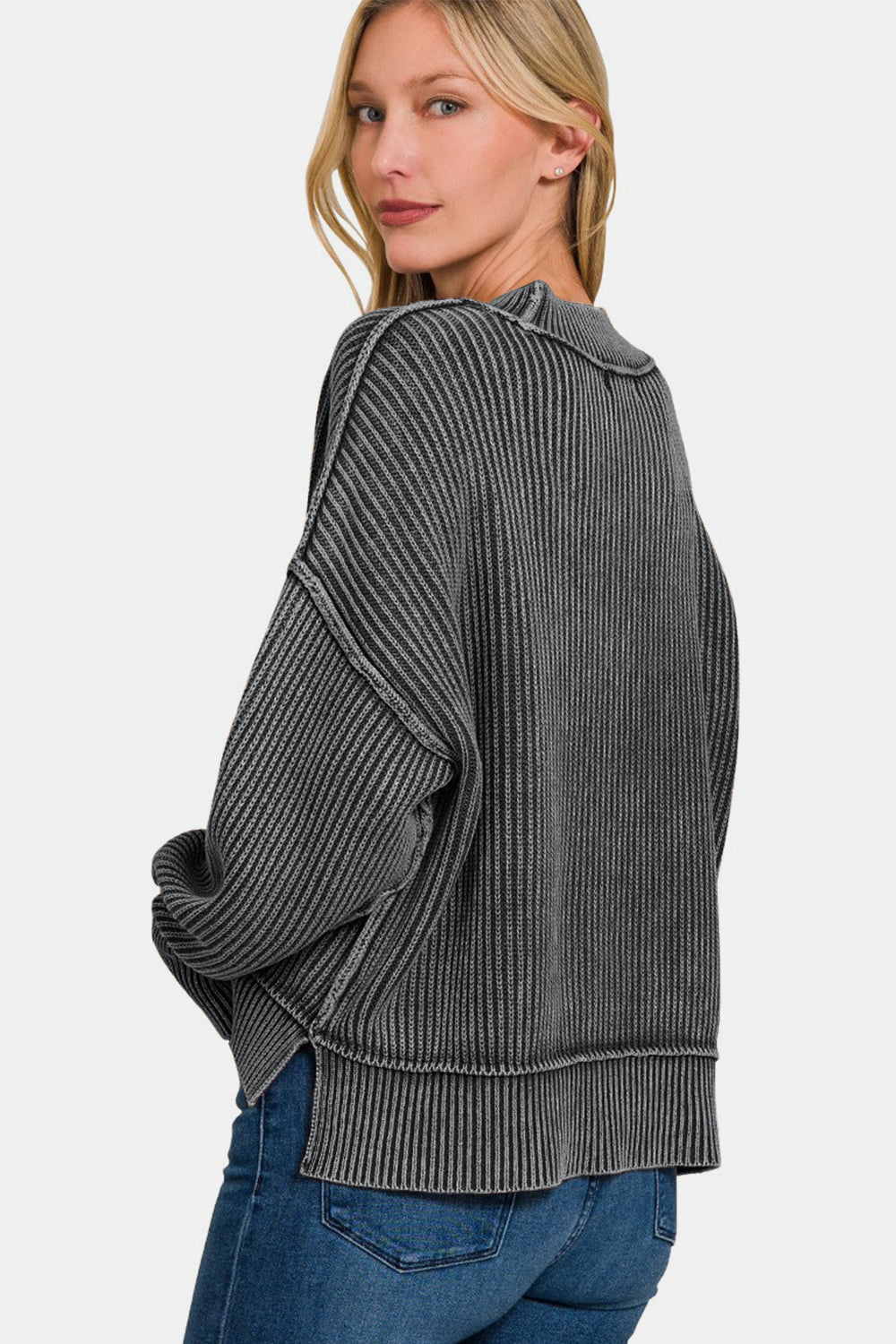 Exposed Seam Round Neck Dropped Shoulder Sweater