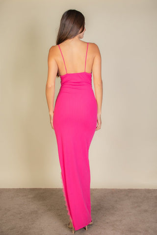 Eyelash Lace Trim Split Maxi Dress | Soft Rib Knit