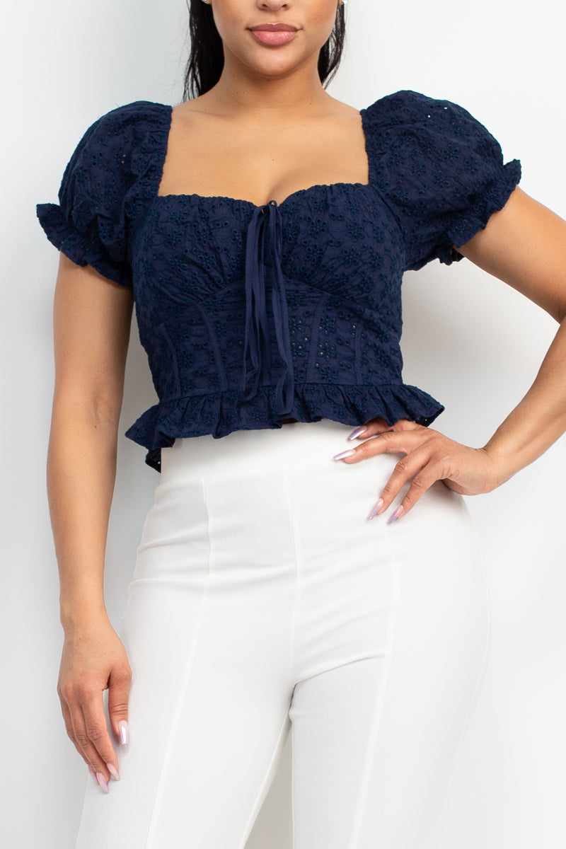 Eyelet Embroidered Smock Top-Navy