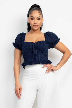 Eyelet Embroidered Smock Top-Navy