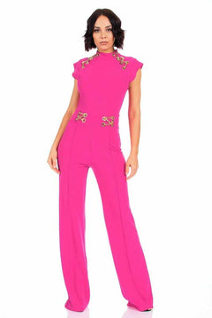 Eyelet With Chain Jumpsuit-Fuchsia