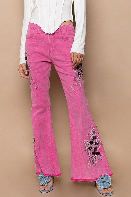 Hot Pink Raw Hem Embroidered Flare Pants