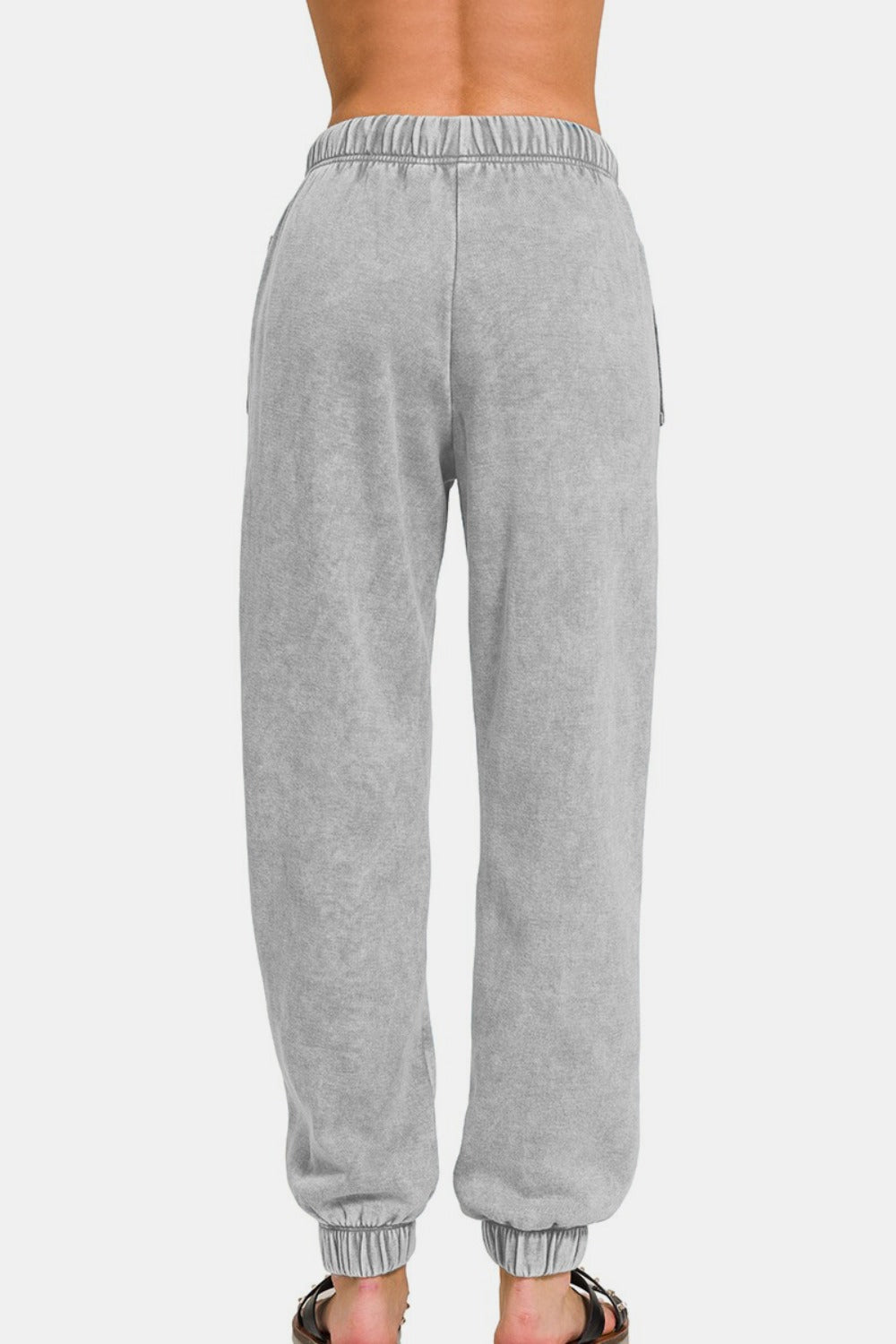 Zenana gray acid wash fleece sweatpants with drawstring waist and pockets, back view, showcasing comfortable loungewear style.