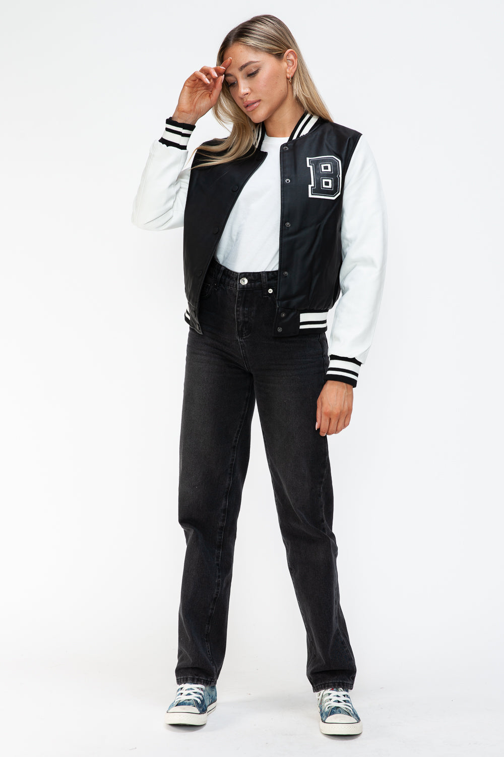 Love PU Leather Contrast Snap Down Bomber Jacket