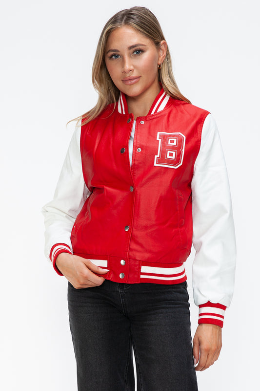 Red and white PU leather baseball bomber jacket with contrast snap down design, featuring a letter 'B' patch.