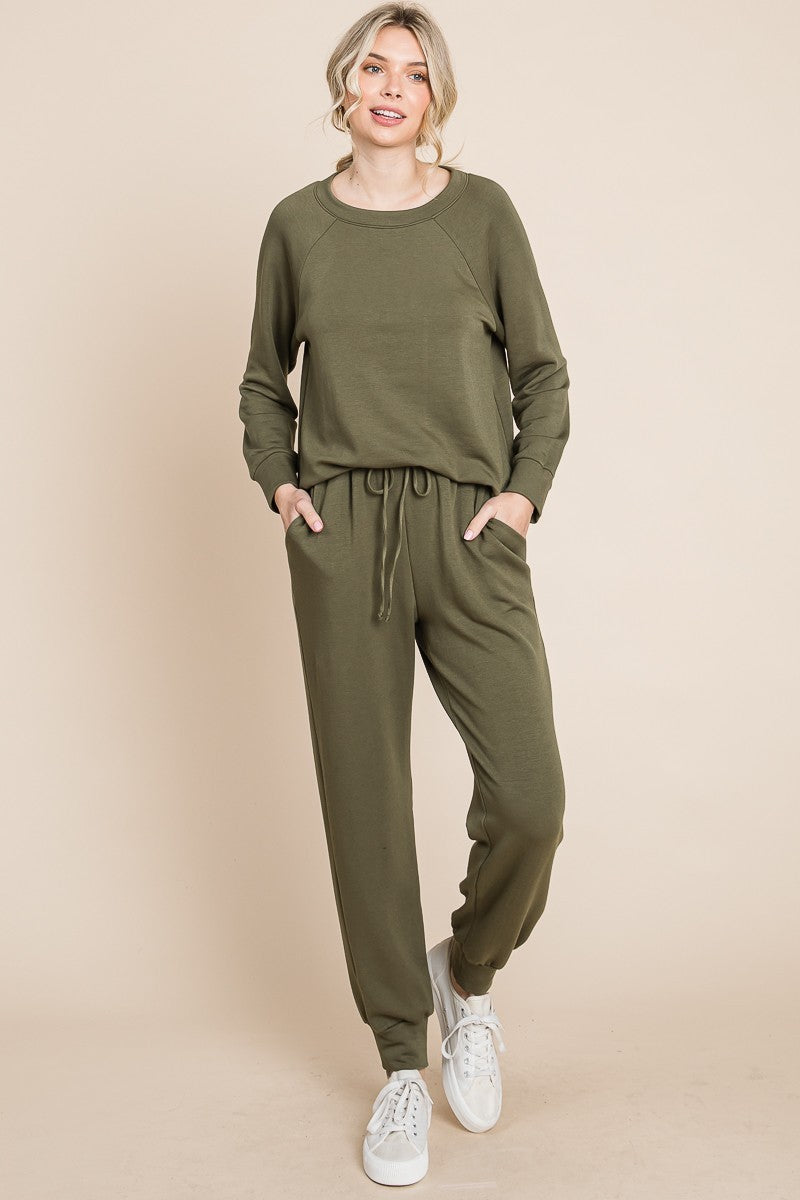 Olive round neck raglan sleeve top and pants lounge set, two-piece outfit, slightly stretchy polyester-rayon-spandex blend.