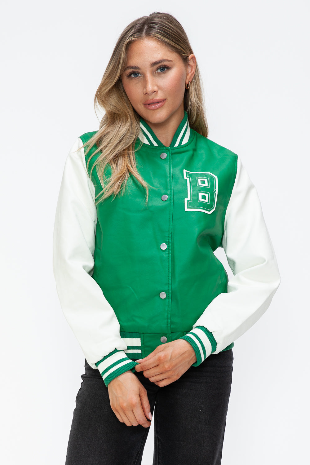 Green Milk PU Leather Contrast Snap Down Bomber Jacket