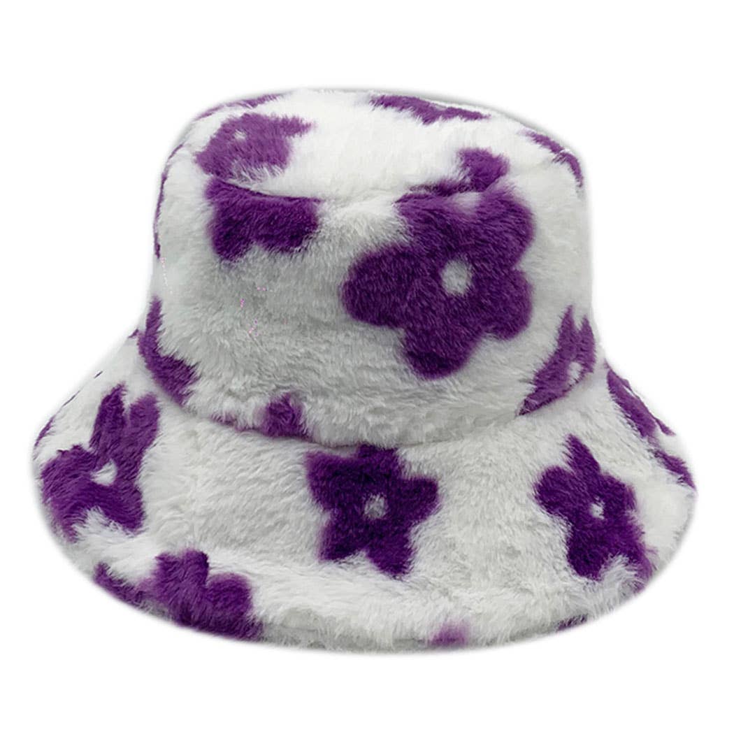 Floral printed faux fur bucket hat with purple flowers on white, winter cozy style featuring adjustable strings, 100% polyester.