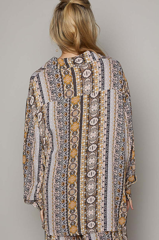 Fall Vibes long sleeve button-down shirt with trendy prints, designed from soft 100% rayon fabric, shown from the back.