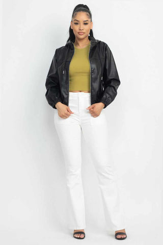 Faux Leather Hoodie Jacket-Black