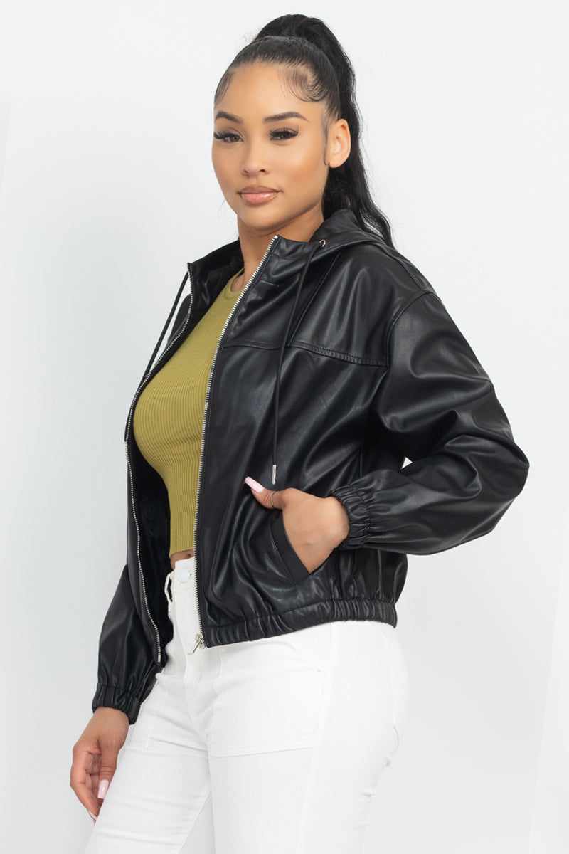 Faux Leather Hoodie Jacket-Black