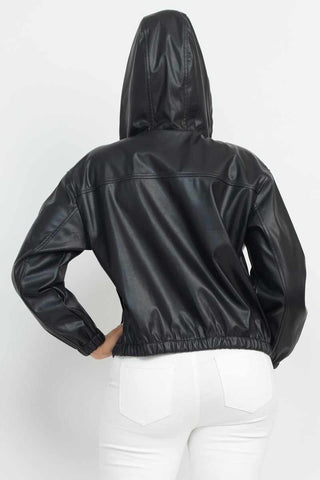 Faux Leather Hoodie Jacket-Black