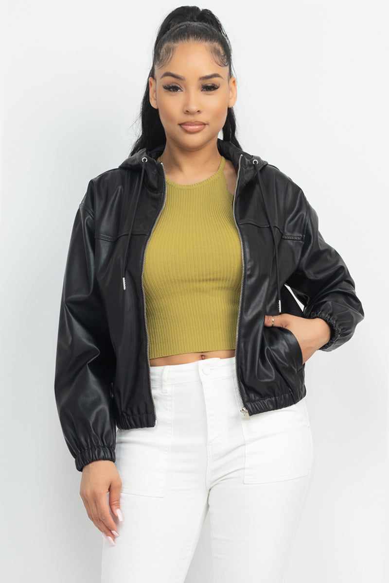 Faux Leather Hoodie Jacket-Black