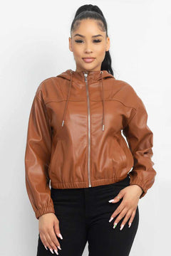 Faux Leather Hoodie Jacket-Camel