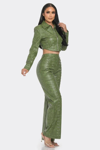 Faux Leather Set With Rhinestone Detail-Olive