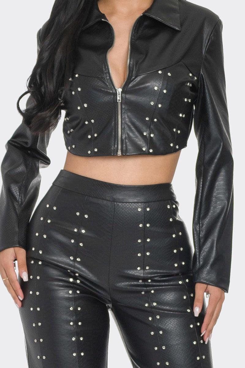 Faux Leather Set With Rhinestone Detail-Black