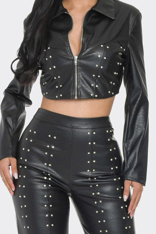 Faux Leather Set With Rhinestone Detail-Black
