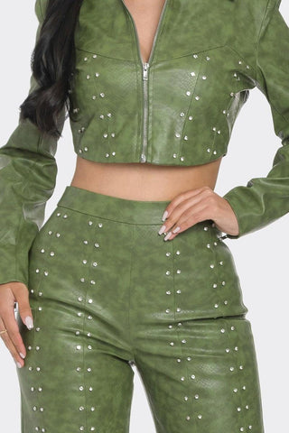 Faux Leather Set With Rhinestone Detail-Olive