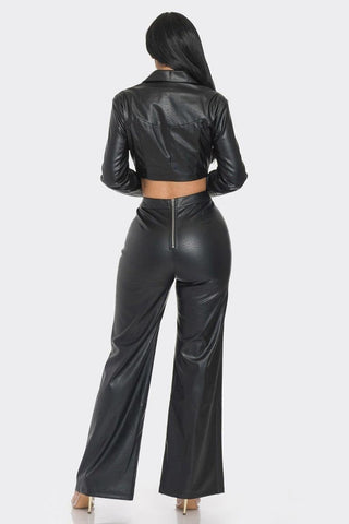 Faux Leather Set With Rhinestone Detail-Black