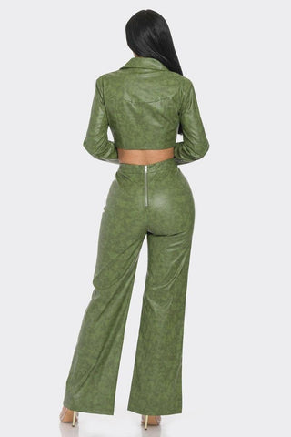 Faux Leather Set With Rhinestone Detail-Olive