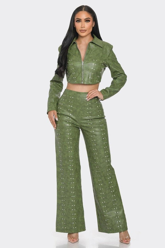 Faux Leather Set With Rhinestone Detail-Olive