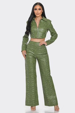Faux Leather Set With Rhinestone Detail-Olive