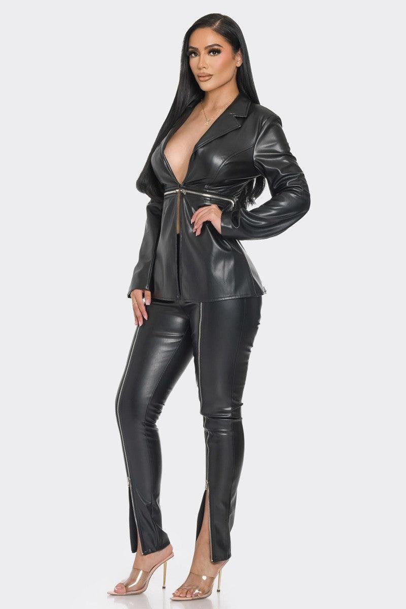 Faux Leather Zipper Pant Set-Black