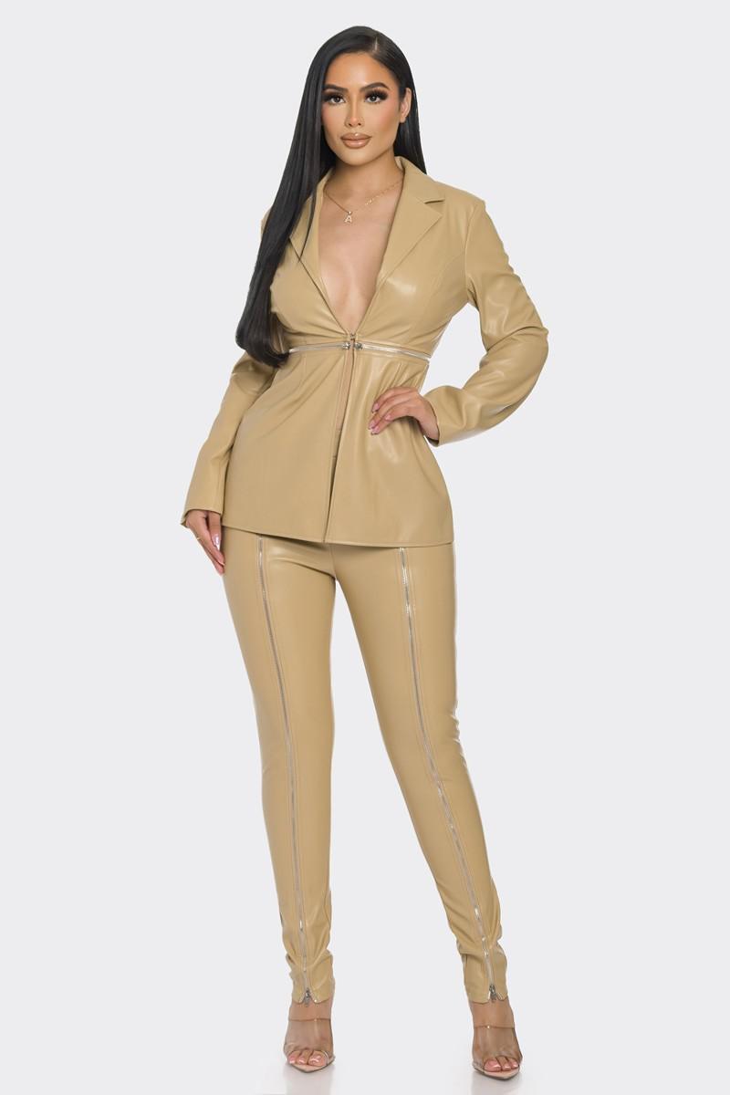 Faux Leather Zipper Pant Set-Beige