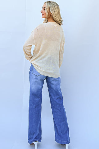 Beige GRATEFUL Long Sleeve Knit Top, back view, no stretch 75% acrylic, 25% nylon fabric, paired with casual blue jeans.