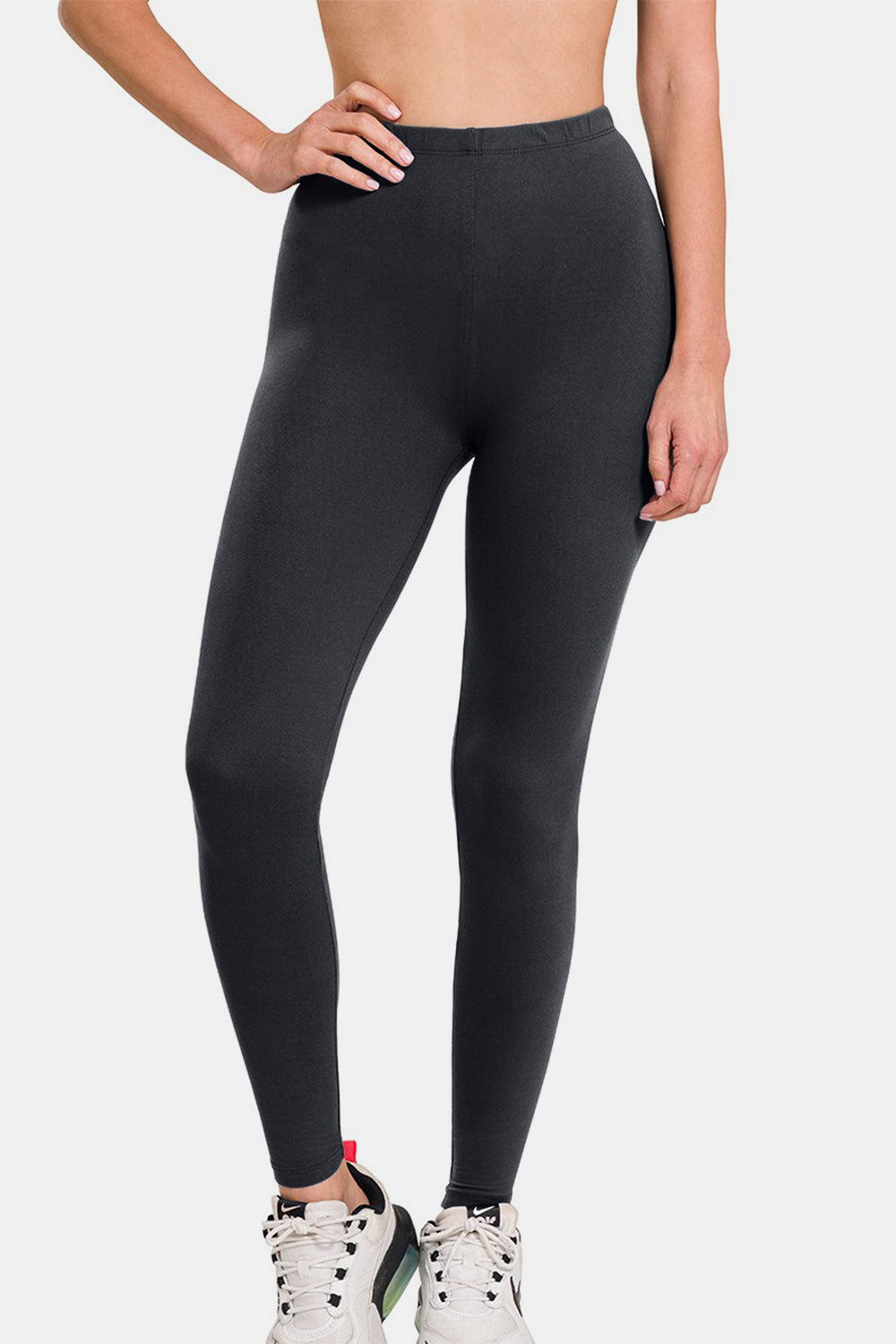 Premium microfiber high waist leggings, flattering and versatile, perfect for casual or dressy occasions, shown in black.