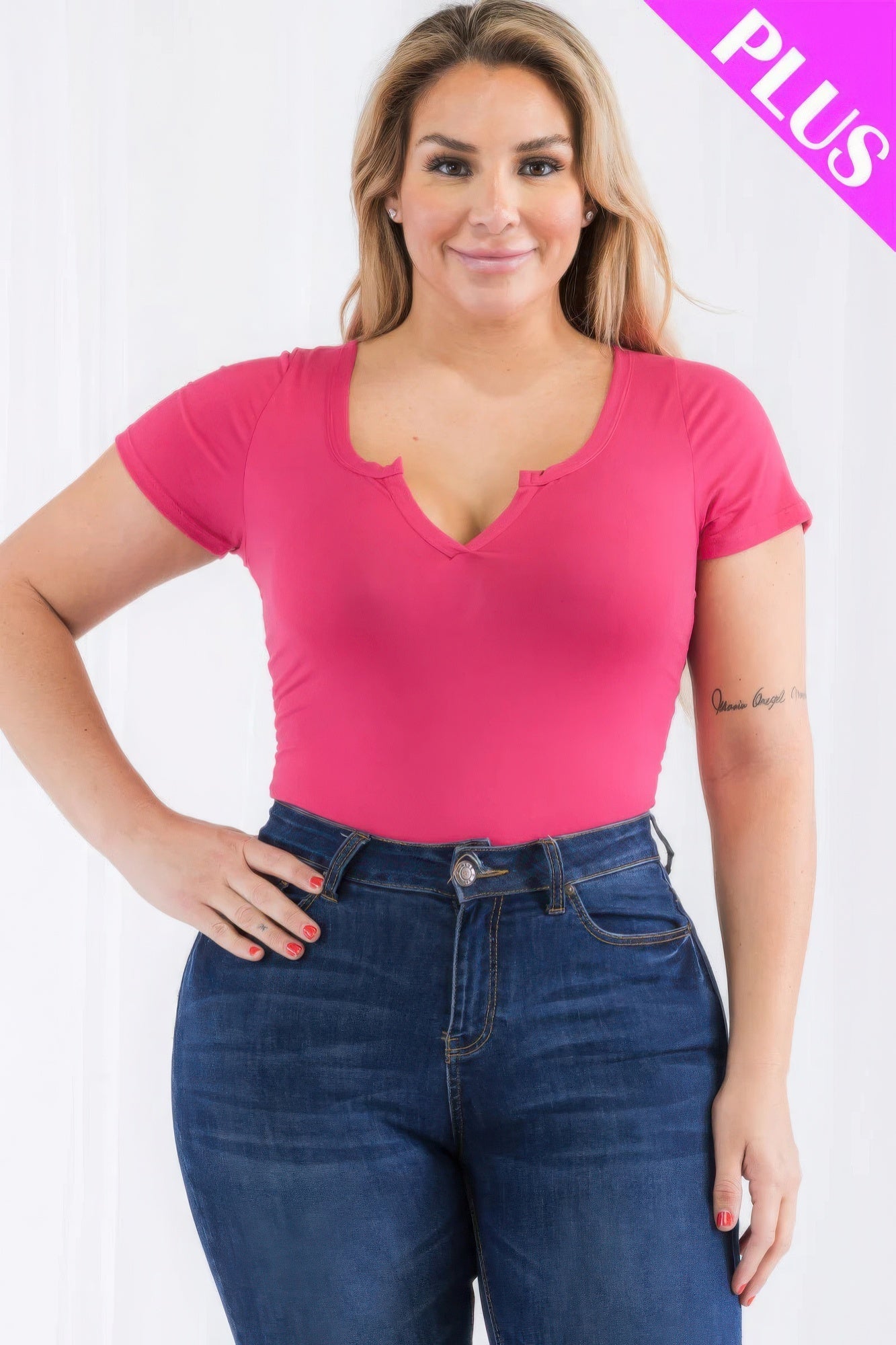 Plus size casual split neck bodysuit in vibrant poinciana color with short sleeves, perfect for trendy, comfortable styling.