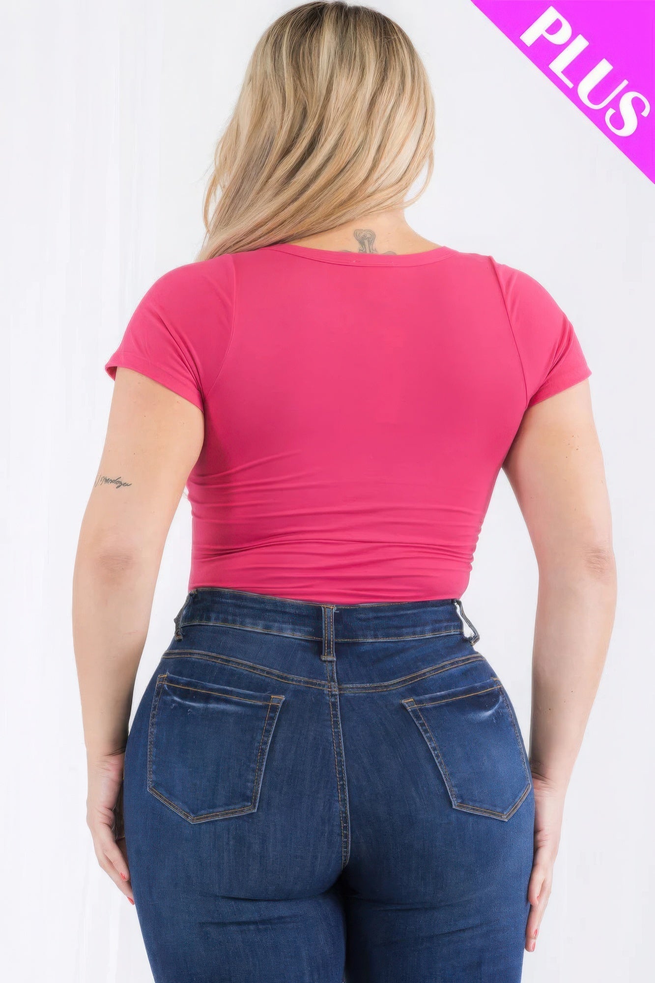 Plus size split neck short sleeve bodysuit in vibrant Poinciana color, perfect for casual outings and work, shown from the back.