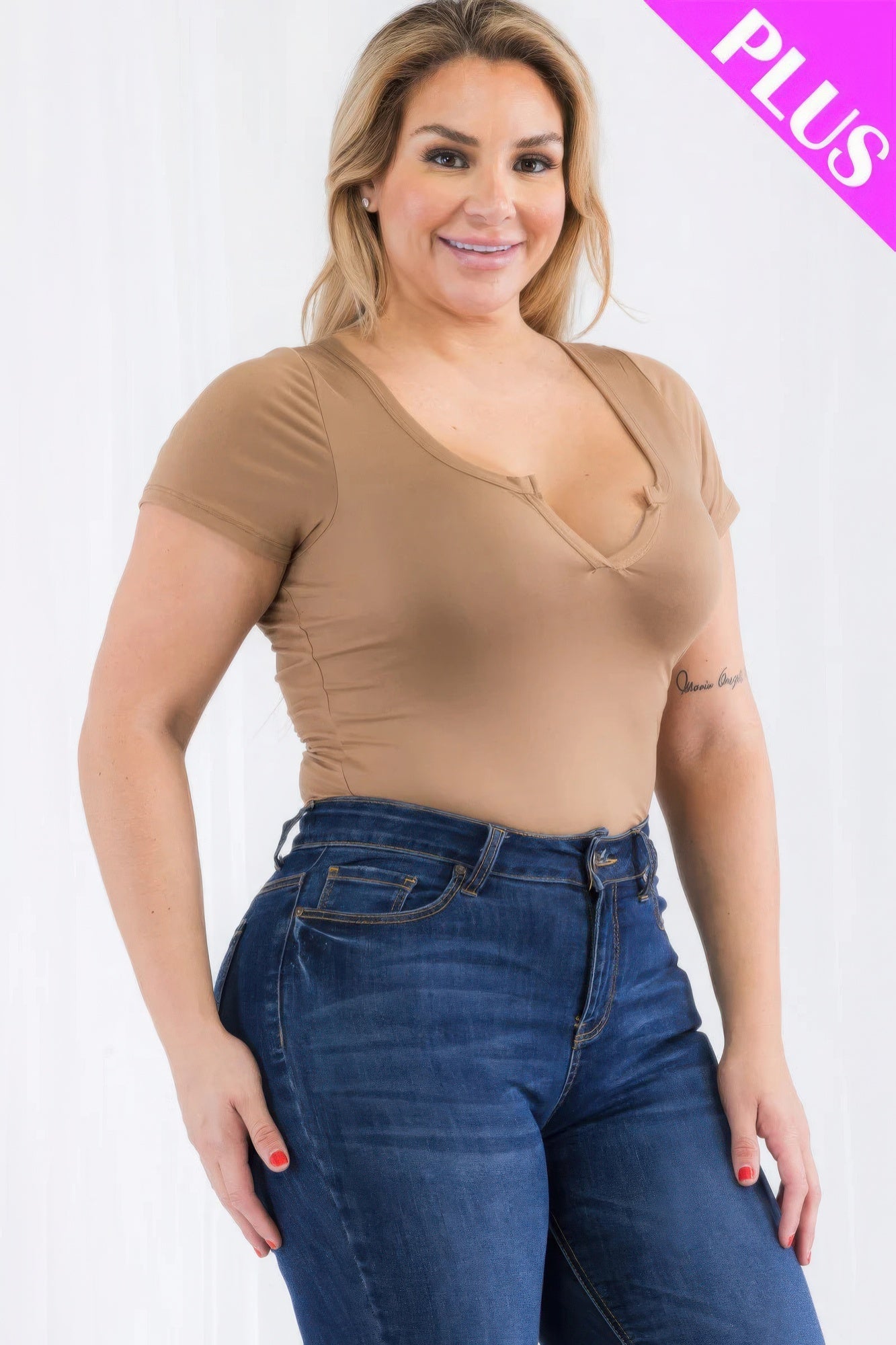 Plus size casual split neck short sleeve bodysuit in tan with a flattering fit and trendy style for versatile looks.