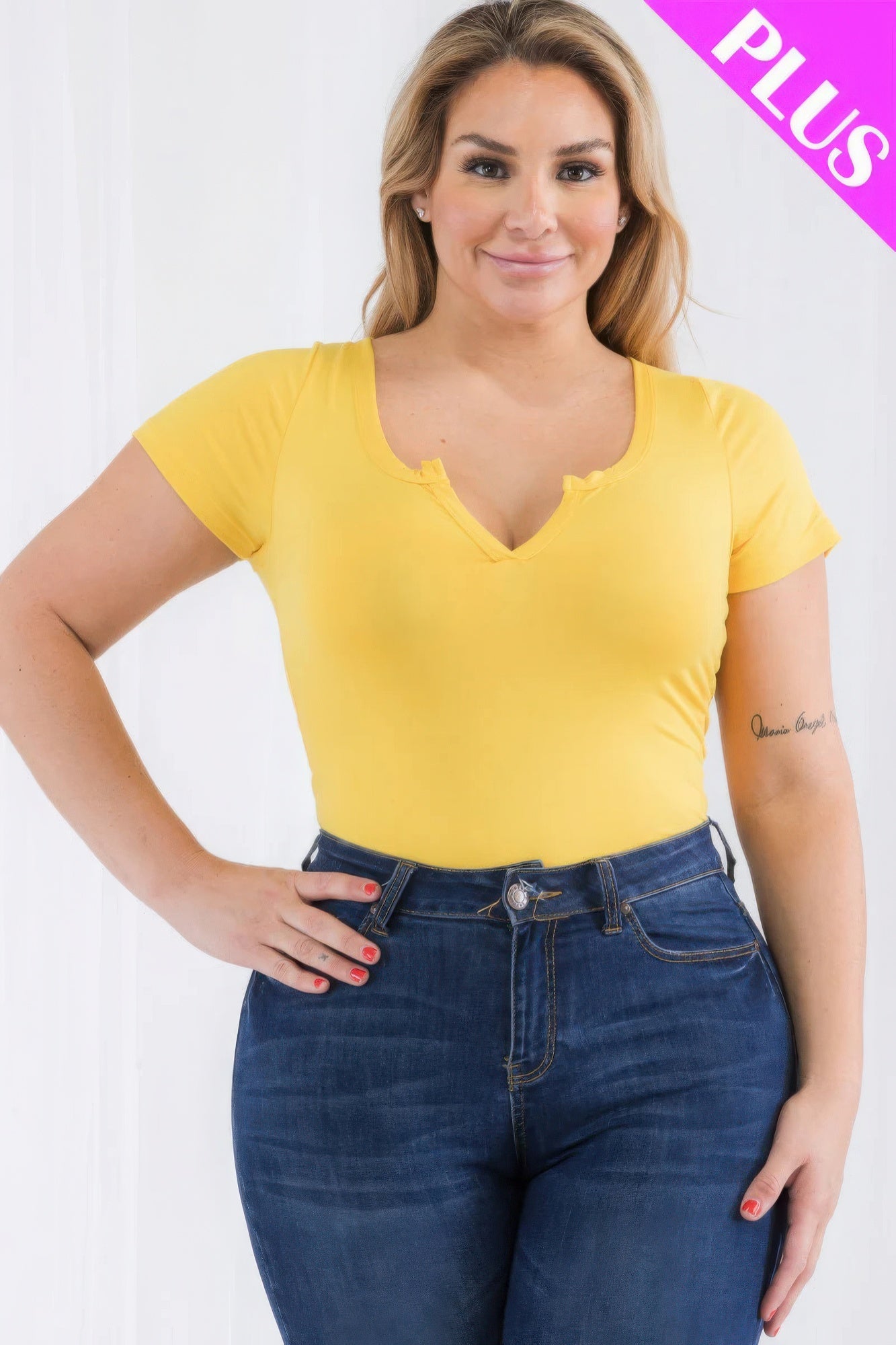 Plus size split neck short sleeve bodysuit in vibrant poinciana color, flattering fit for casual and work settings.