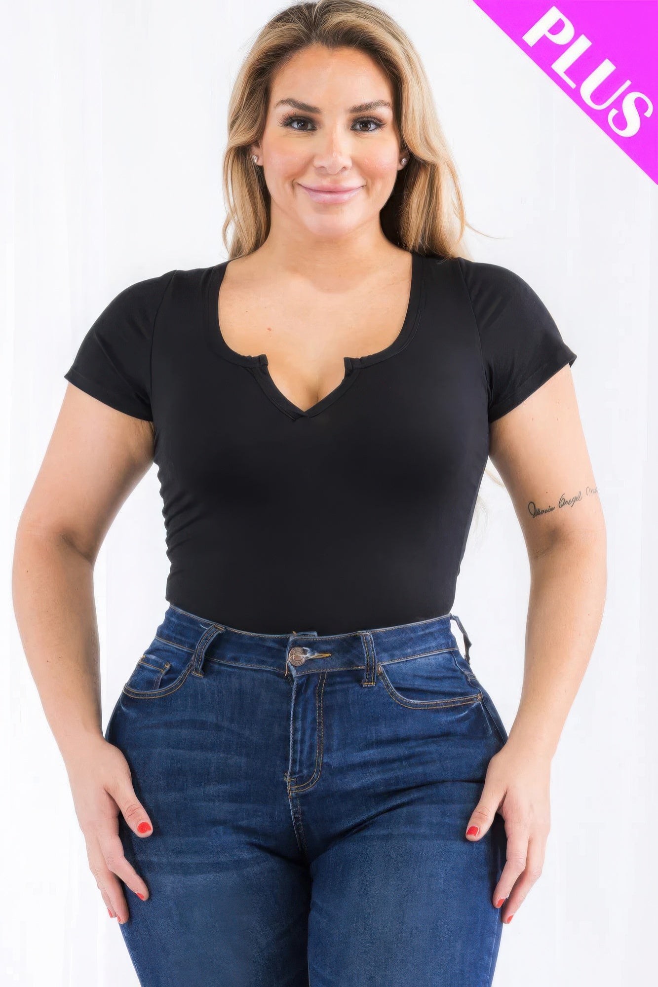 Plus Size Casual Split Neck Bodysuit in Black with Short Sleeves