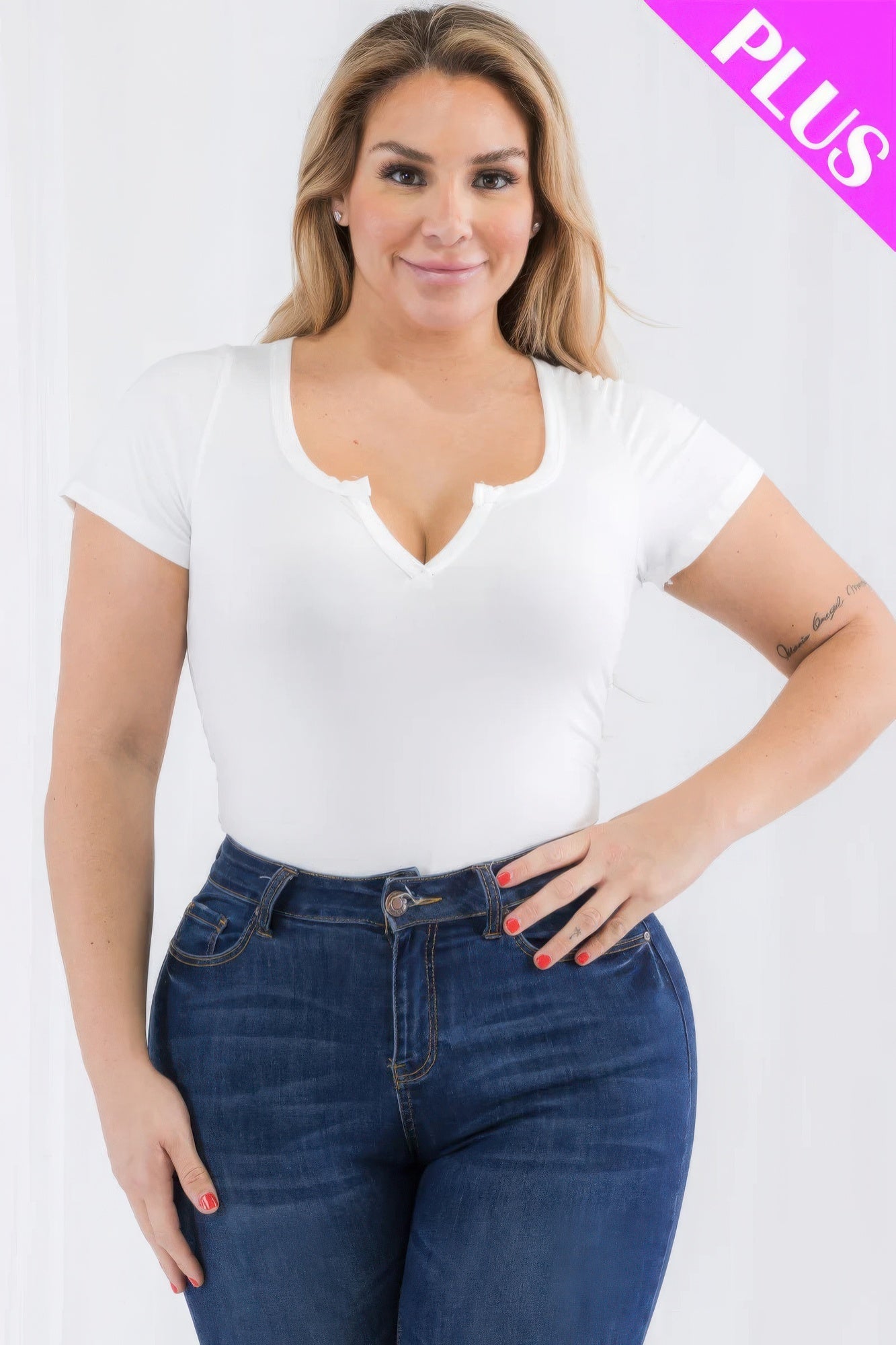 Plus size white split neck bodysuit with short sleeves showcases stylish casual design and comfortable fit.