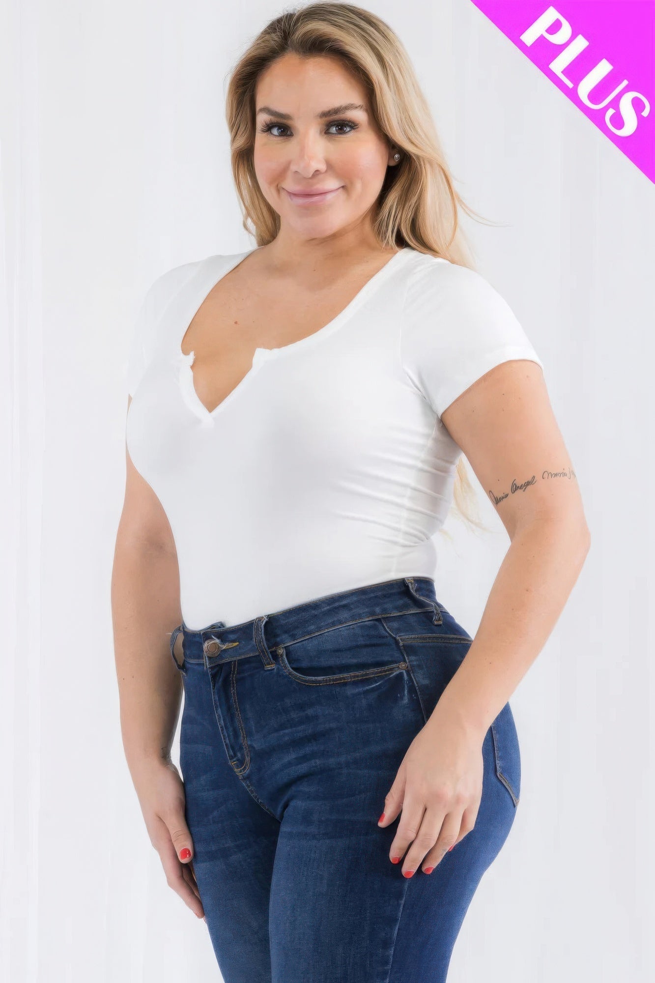 Plus size white split neck short sleeve bodysuit with casual style, shown on model; versatile wardrobe staple for various occasions.