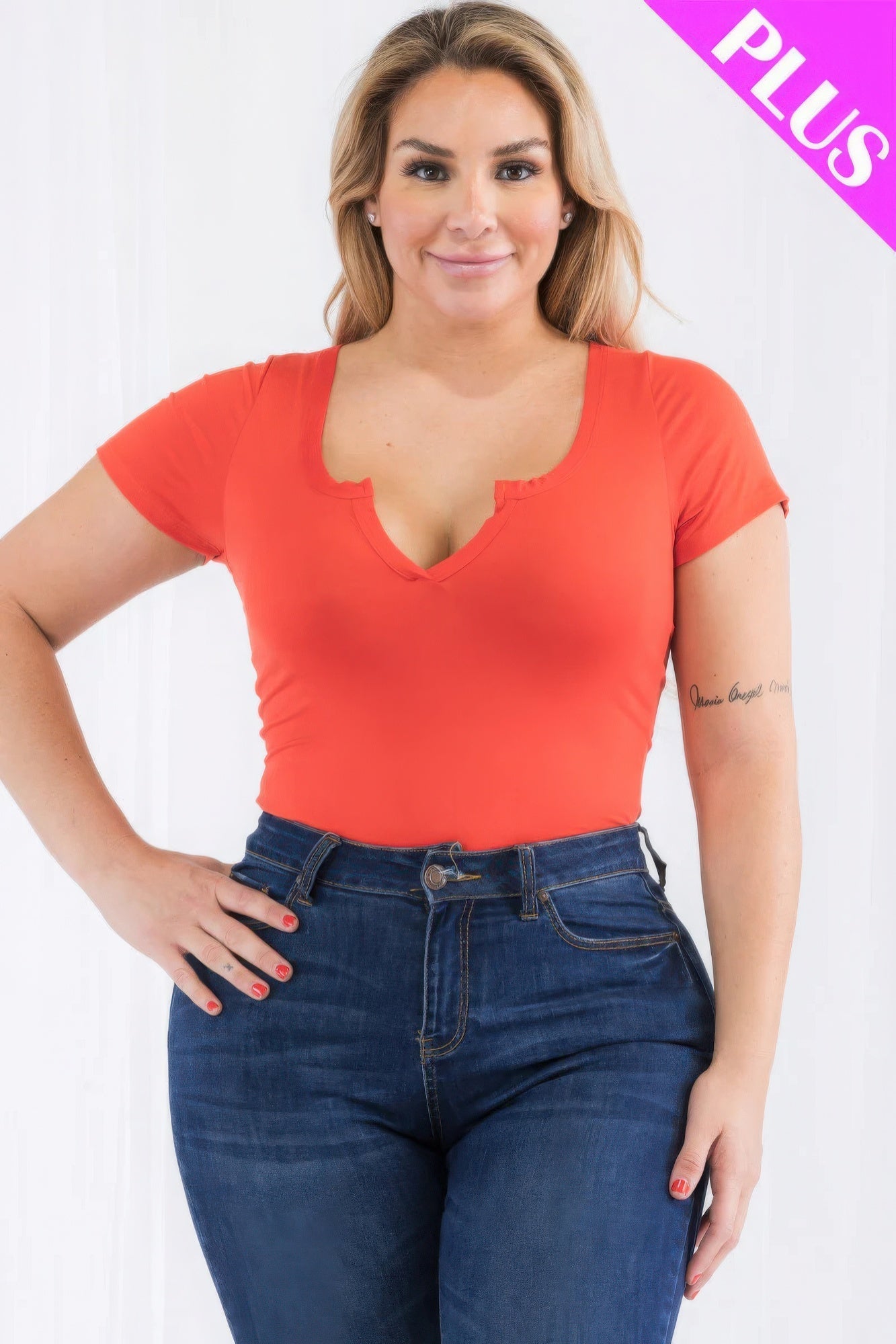 Plus size casual split neck short sleeve bodysuit in vibrant Poinciana color, flattering fit, trendy style, sizes 1XL-3XL.