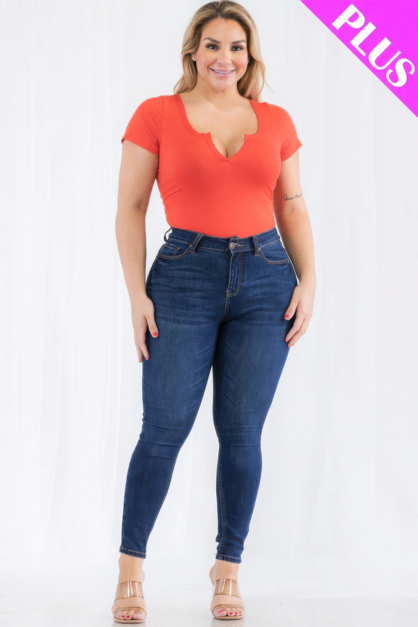 Plus Size Poinciana Split Neck Bodysuit with Short Sleeves