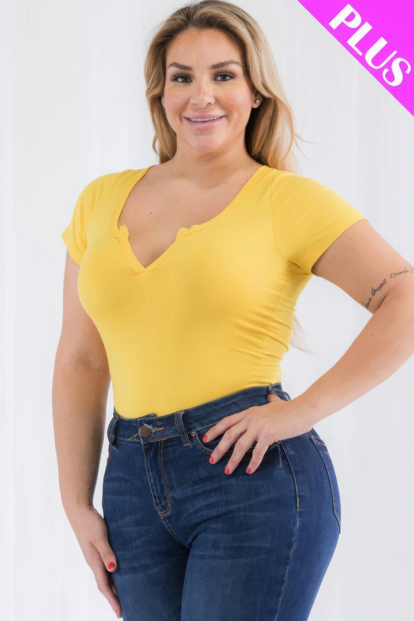 Plus size yellow short sleeve bodysuit with split neck, perfect for casual wear and versatility in stylish outfits.