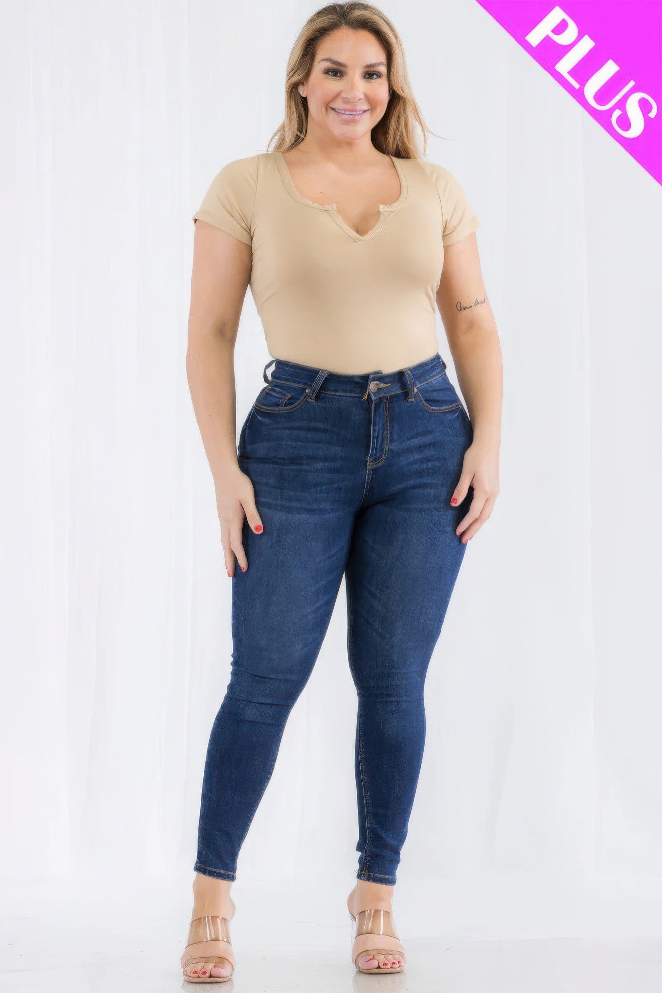 Plus size casual split neck bodysuit in vibrant color with short sleeves, perfect for trendy and comfortable outfits.