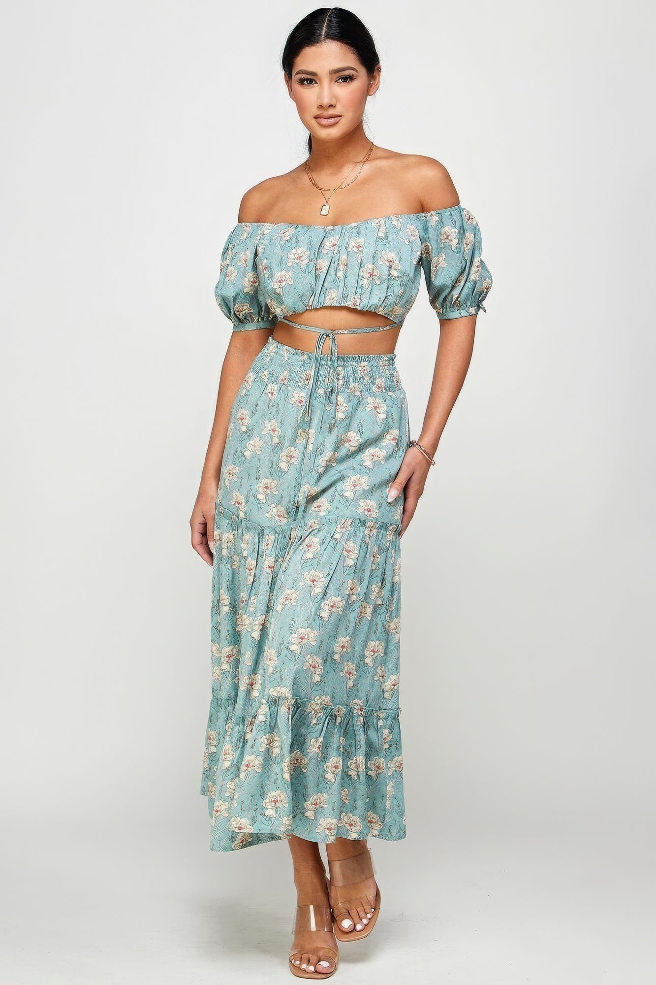 Mint floral off-shoulder women's top and skirt set with back tie, perfect for comfortable all-day wear.