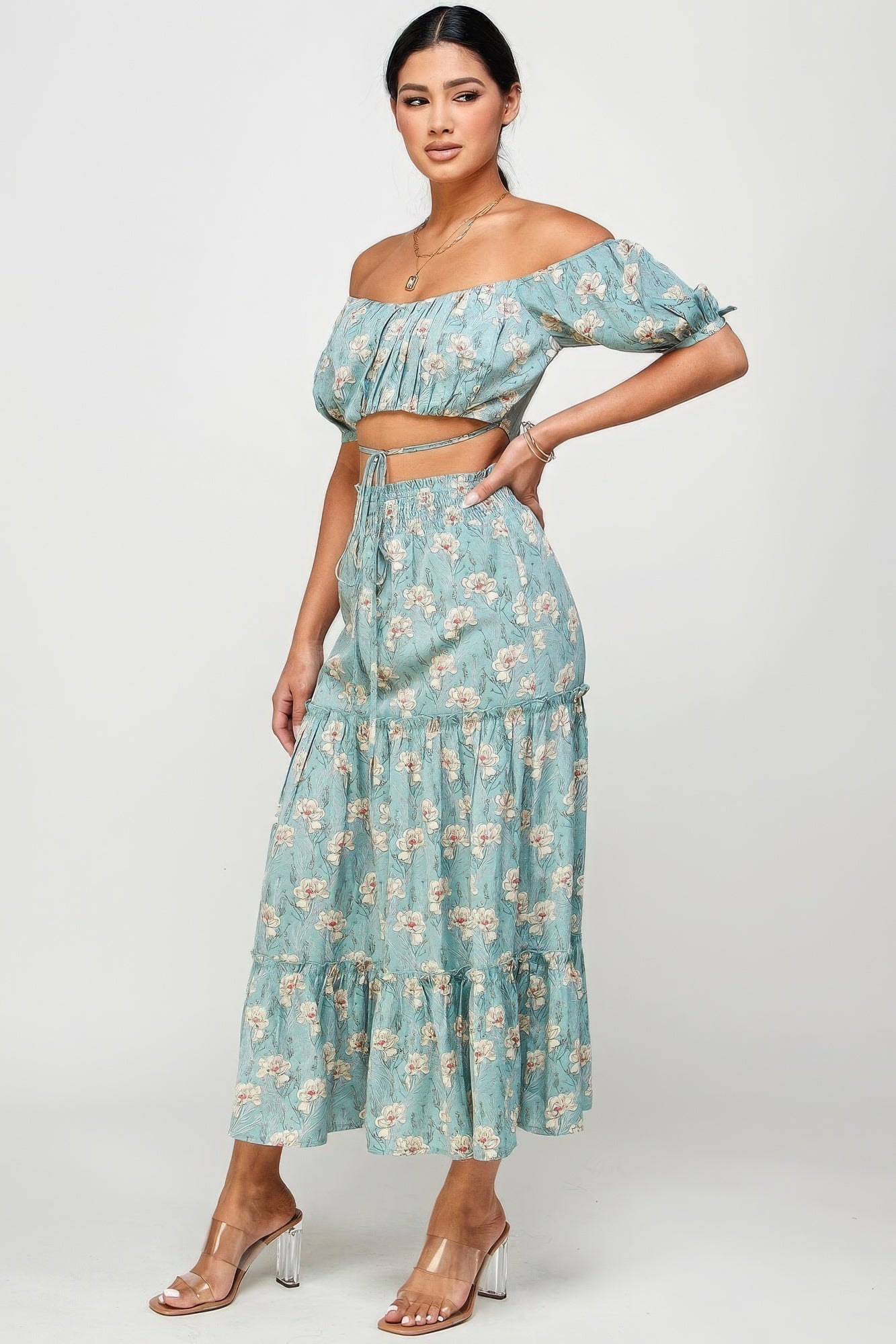 Mint floral off-shoulder women's top and skirt set with back tie, perfect for comfortable all-day wear.