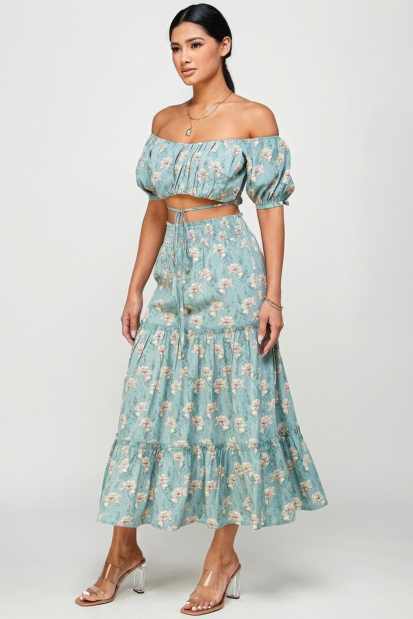 Mint floral off-shoulder women's top and skirt set with back tie, perfect for all-day comfort and style.